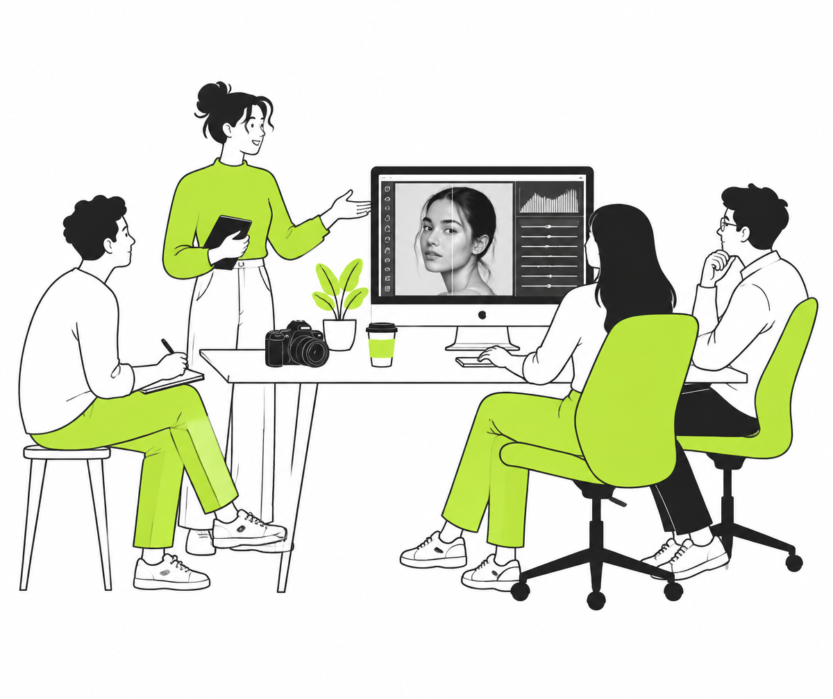 The CreativeFlow studio team reviewing a photo edit together